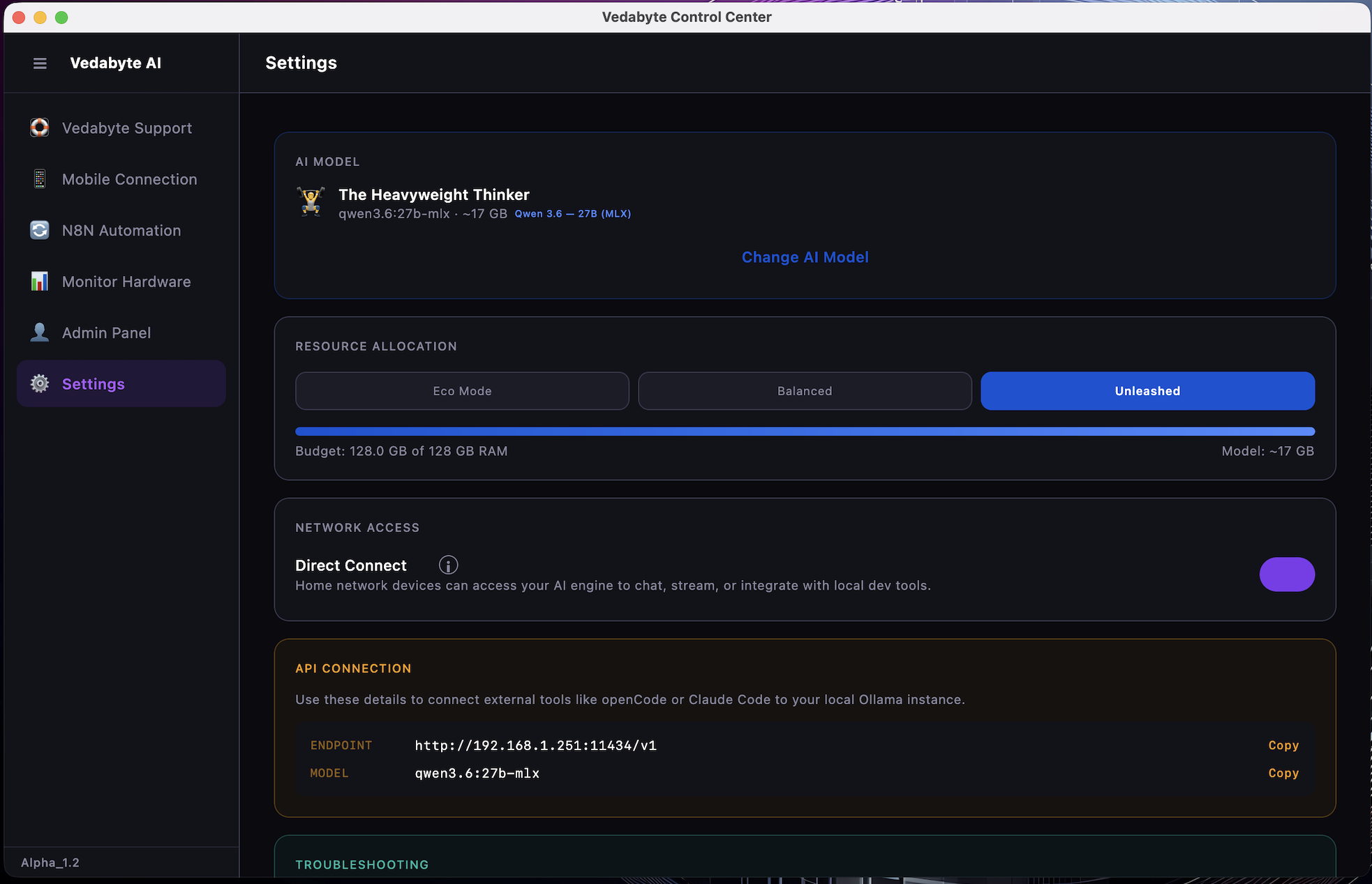Vedabyte Control Center — Settings screen