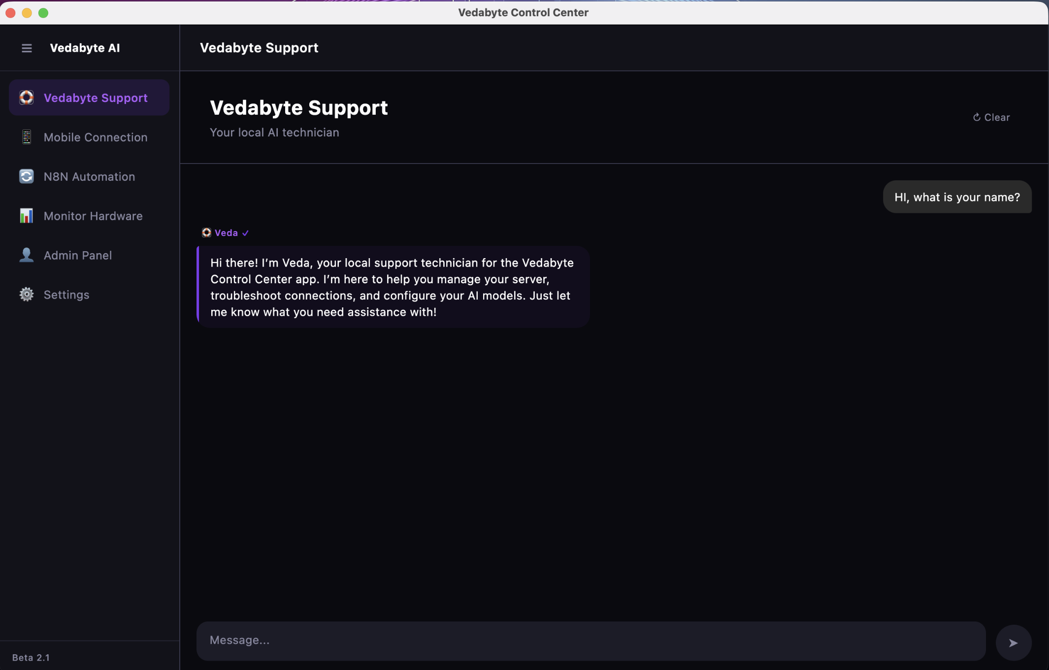 Vedabyte Control Center — Support page